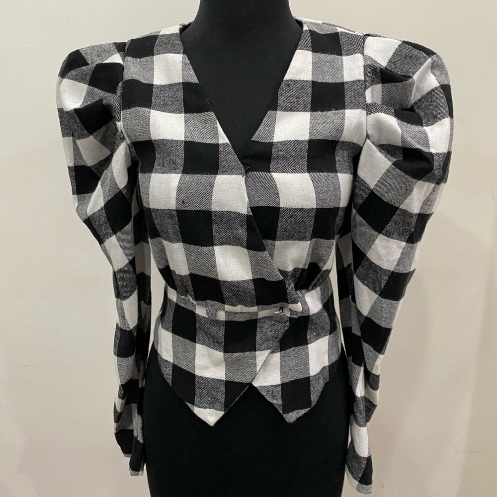 XS-SHEIN Surplice Neck Puff Sleeve Gingham Blazer. - Picture 1 of 5